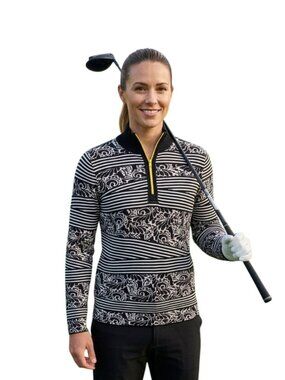 Title Nine Washable Wool Mock Neck black White Yellow Zip Sweater Golf Size M